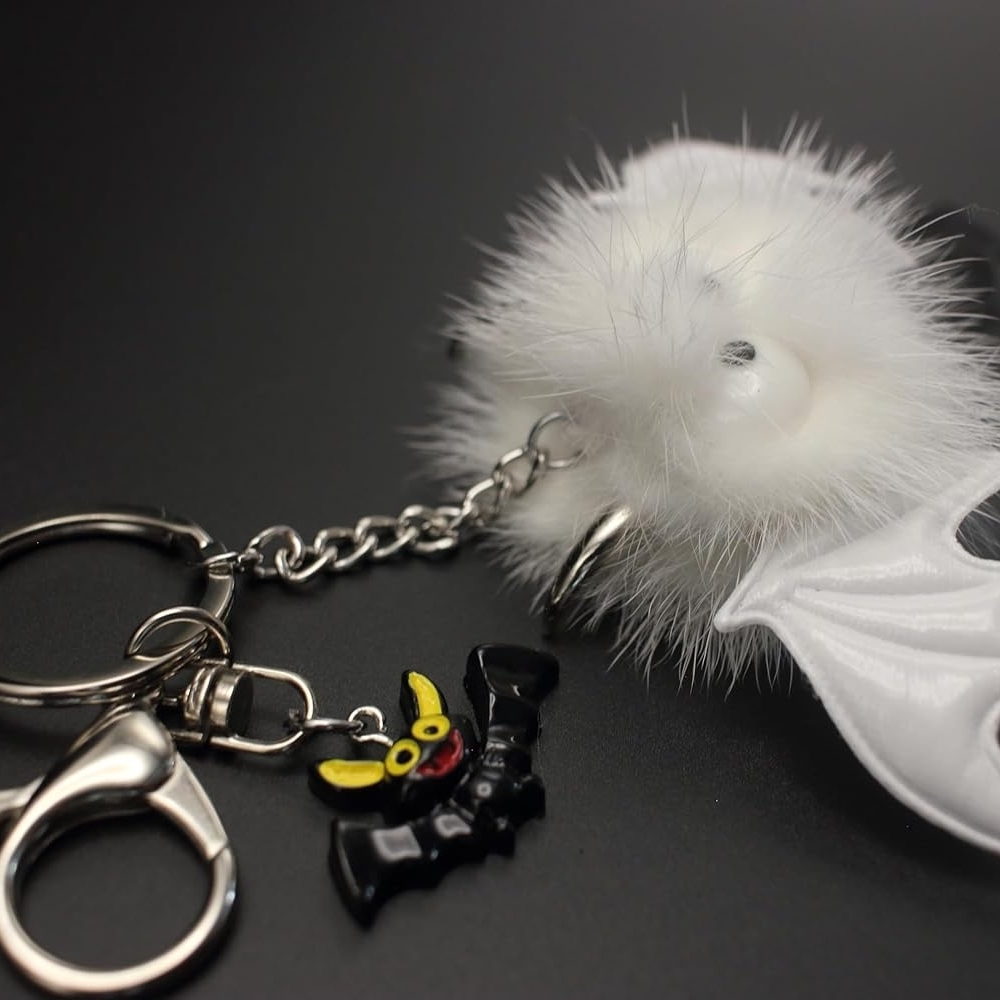 White Furry Bat Keychain Charm with Mini Bat Accent - Picture 6 of 9